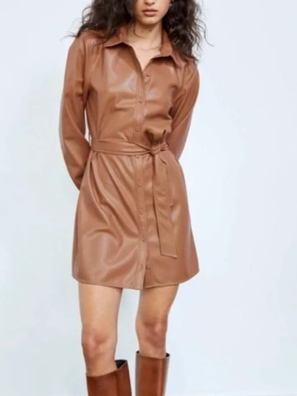 Wilfred Taupe Brown Faux Leather Shirt Dress with Tie Waist